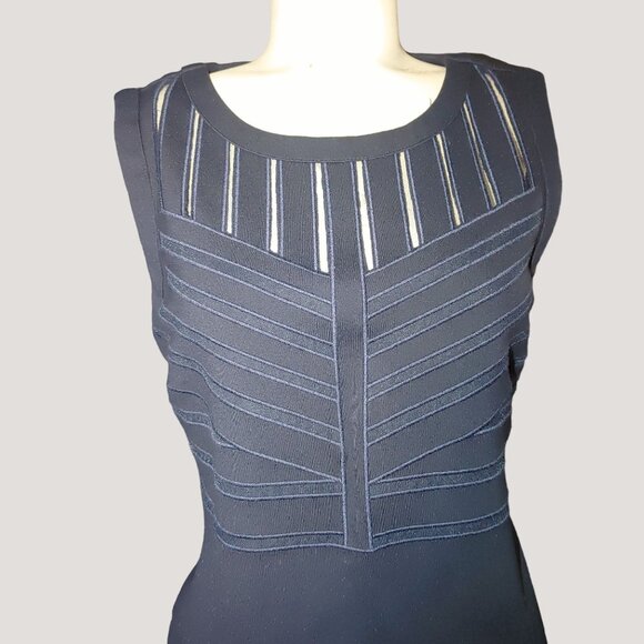 T Tahari Size 10 Dress Navy Blue Sleeveless Bodycon Style  Sheer Striped Detail - Picture 5 of 10